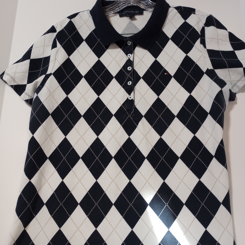 Tommy Hilfiger Navy & White Argyle Print Polo Shirt SZ XL